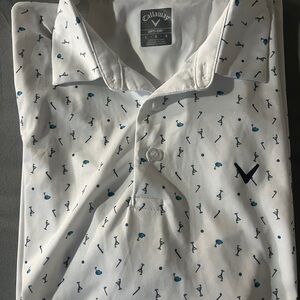 Callaway Men's White Shirt with Blue Accents Opti-Dri golf shirt.